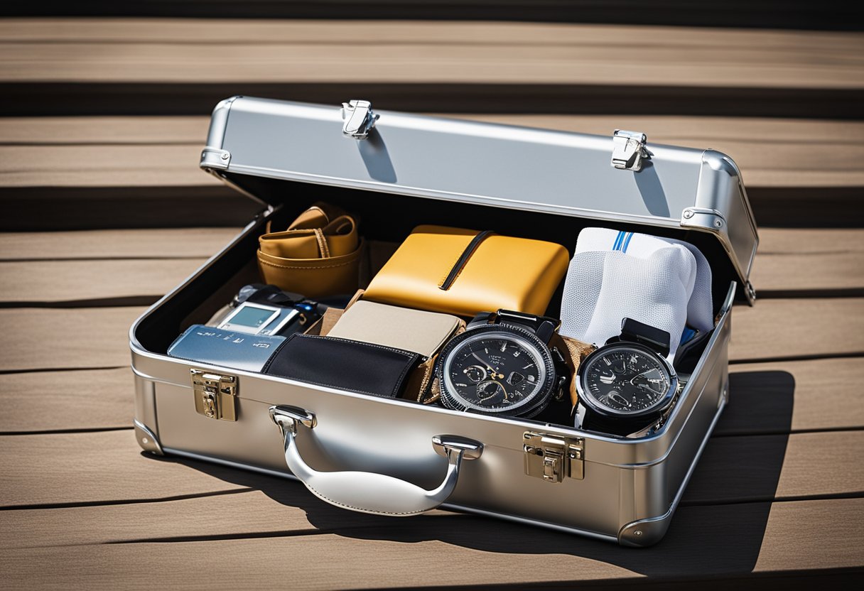 An aluminum briefcase sits open, packed with travel essentials. It is lightweight and sleek, perfect for business trips or weekend getaways