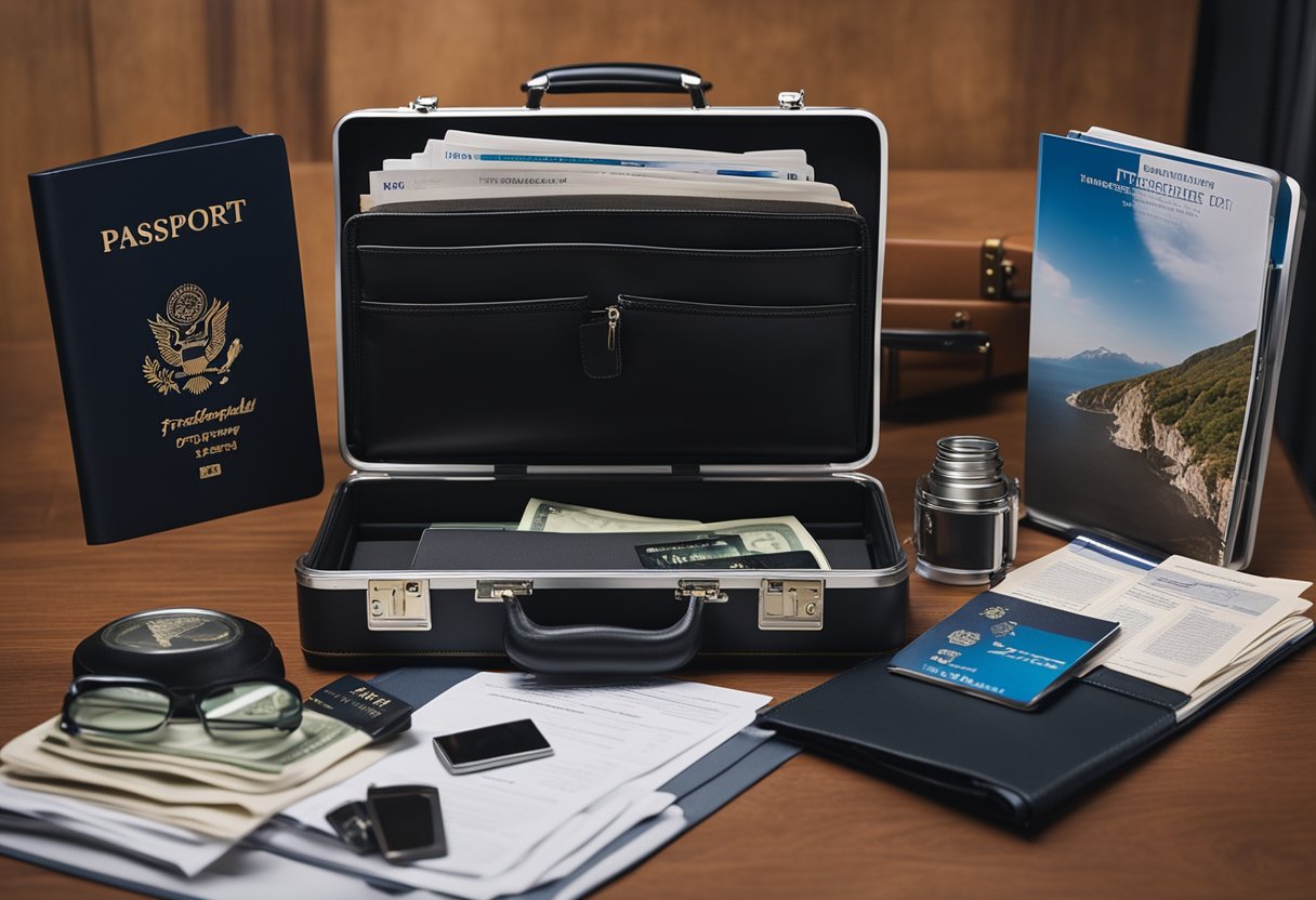 An open aluminum briefcase with FAQ pamphlets, passport, and travel essentials neatly organized inside