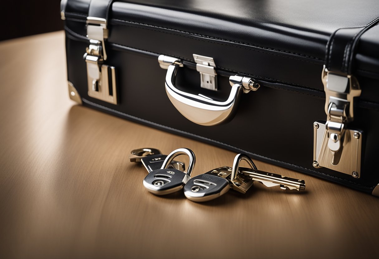 A black lockable briefcase with silver combination locks sits on a polished wooden desk. The locks are set to a specific code, and the briefcase appears to be sturdy and secure