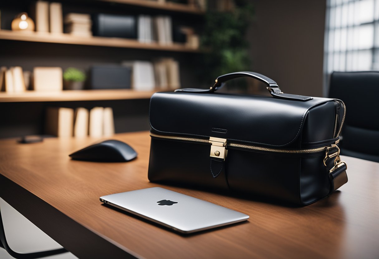 A sleek briefcase with a built-in laptop sleeve sits on a polished wooden desk, casting a shadow in the soft light of a modern office