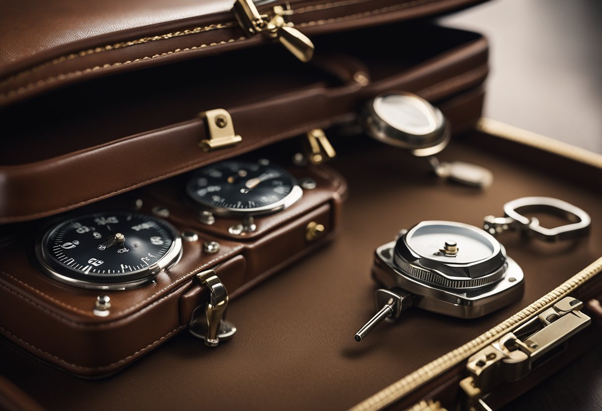 A lockable briefcase with combination locks sits on a desk. The mechanism of the locks is visible, showing the dials and numbers