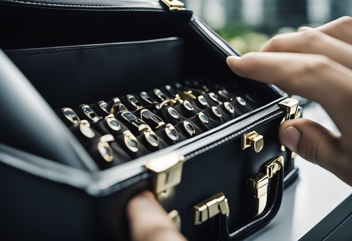 A hand reaches for a sleek, black briefcase, pressing the combination locks to secure it