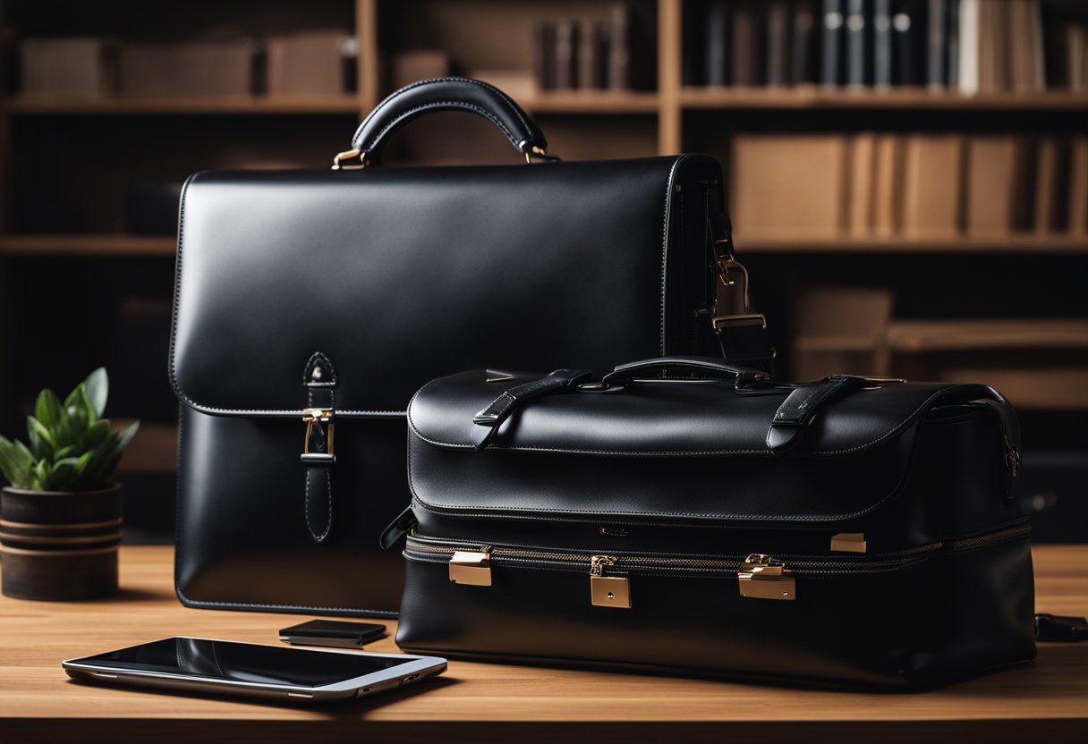 A sleek black briefcase with a built-in laptop sleeve sits on a polished wooden desk, next to a modern leather briefcase with a padded laptop compartment