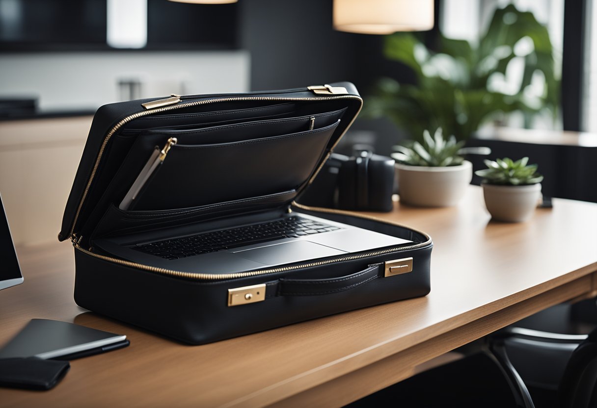 A briefcase sits open on a desk, revealing a built-in laptop sleeve. The sleek, modern design suggests functionality and professionalism