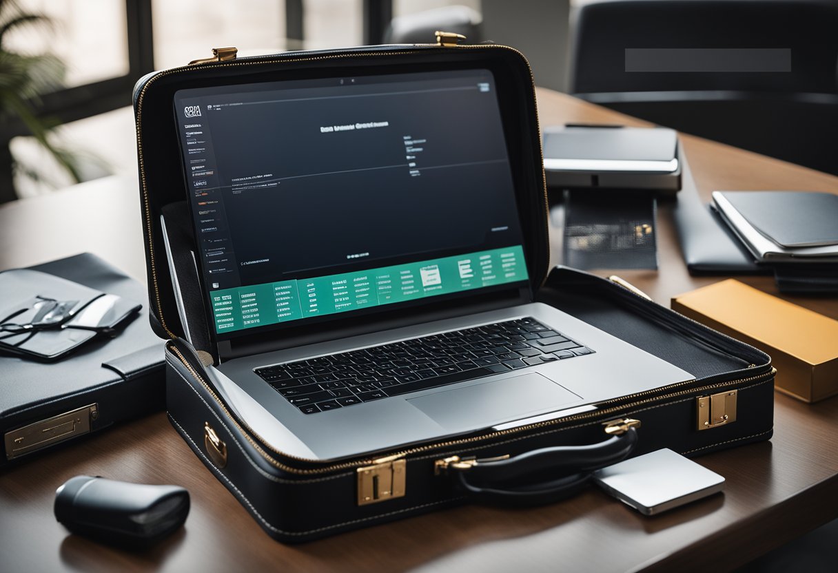 A sleek briefcase open to reveal a built-in laptop sleeve, surrounded by various brand logos and comparison charts