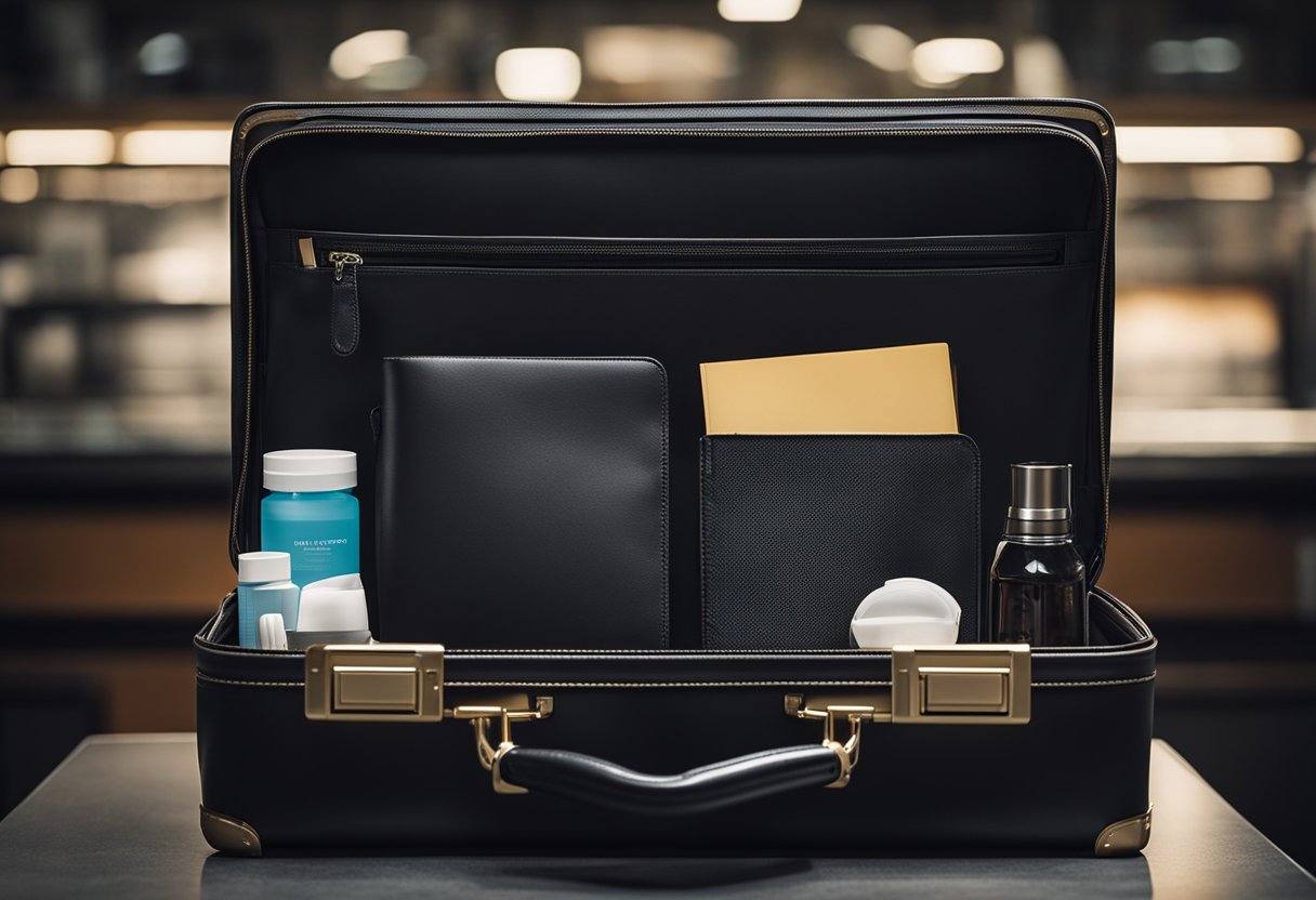 A briefcase sits open, revealing a built-in laptop sleeve. The interior is organized with pockets and compartments for care and maintenance items