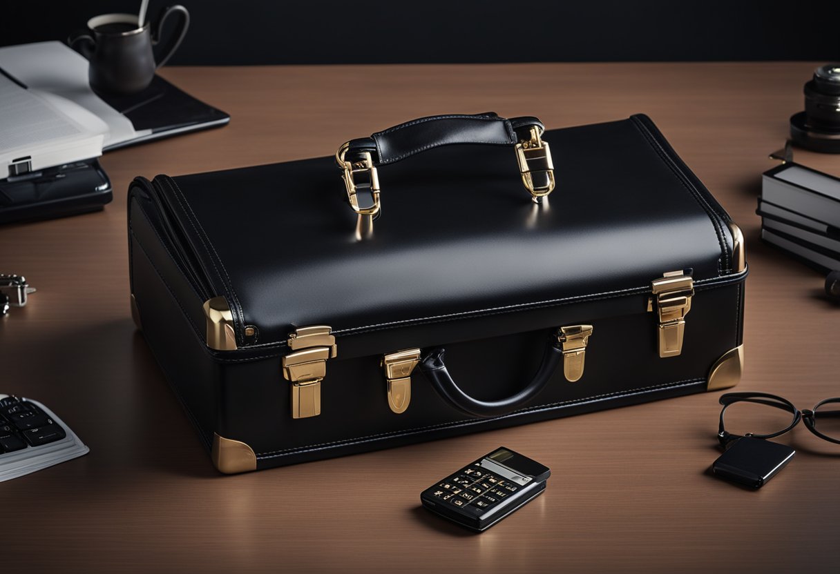 A black briefcase with combination locks sits securely on a desk. The locks are engaged, ensuring the safety of its contents