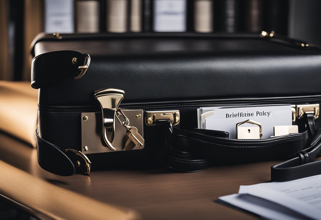 A black briefcase with combination locks sits on a desk, surrounded by legal documents and privacy policy papers