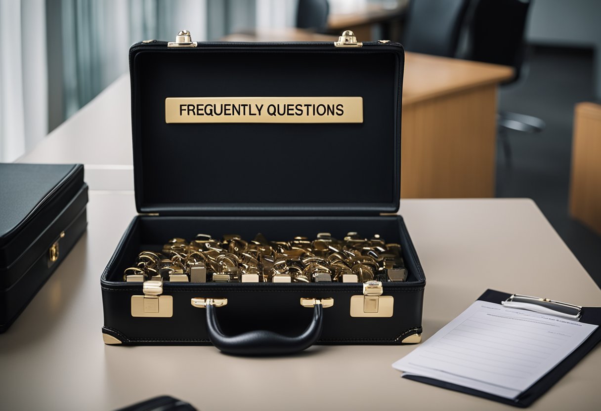 A black briefcase with combination locks sits on a desk, labeled "Frequently Asked Questions."