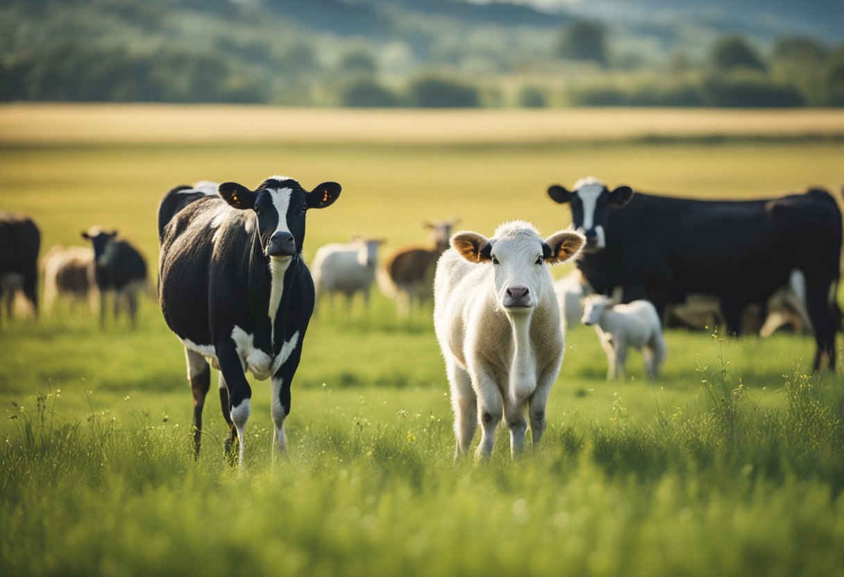 Animals in a rural setting, with a mix of livestock and wildlife, surrounded by farmland and grasslands