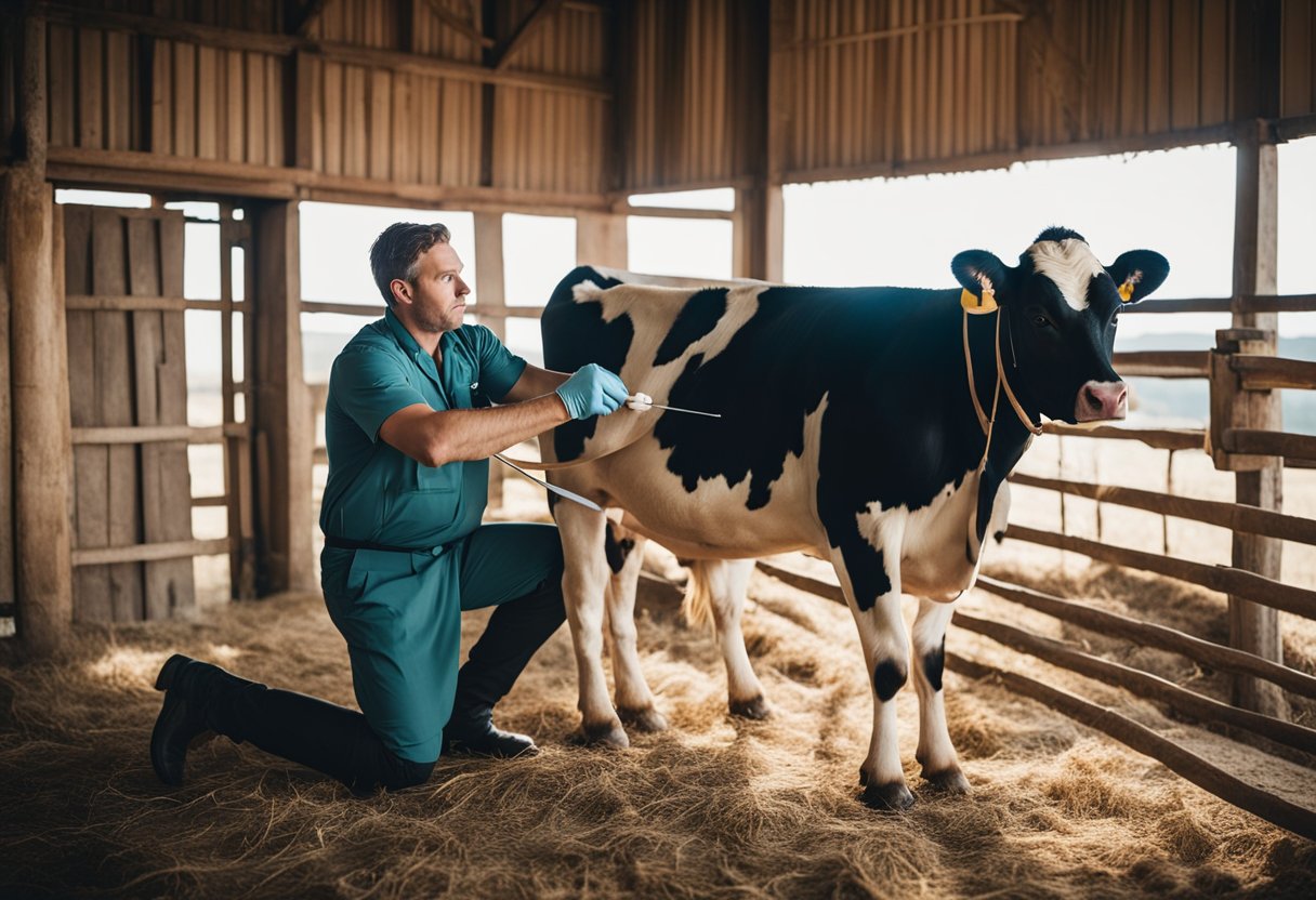 A cow receiving a vaccine shot for brucellosis from a veterinarian in a clean and well-lit barn setting