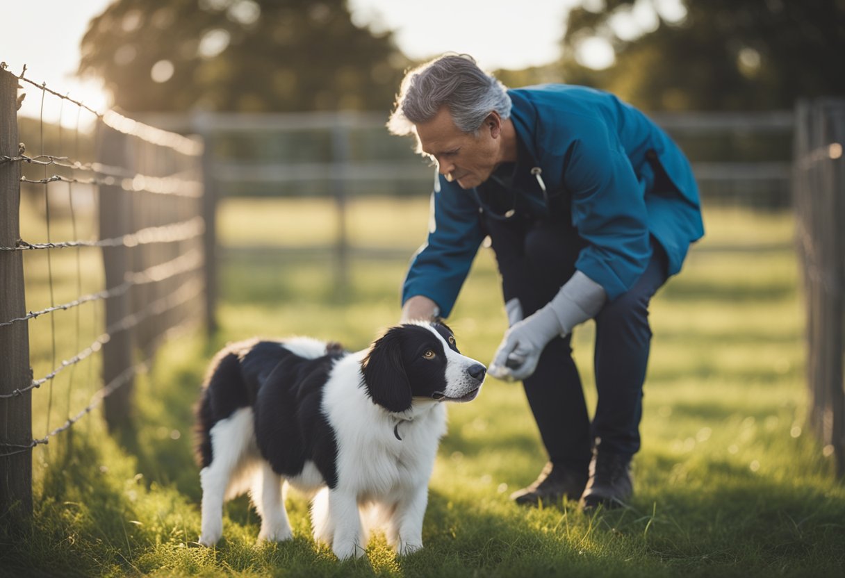 Animals in a fenced pasture, with a veterinarian administering vaccinations