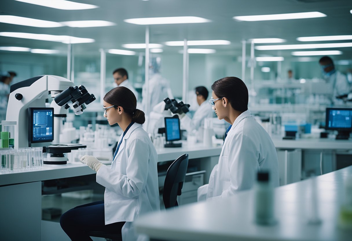 Scientists in lab coats study Brucellosis bacteria under microscopes, while others work with test tubes and petri dishes in a sterile laboratory setting