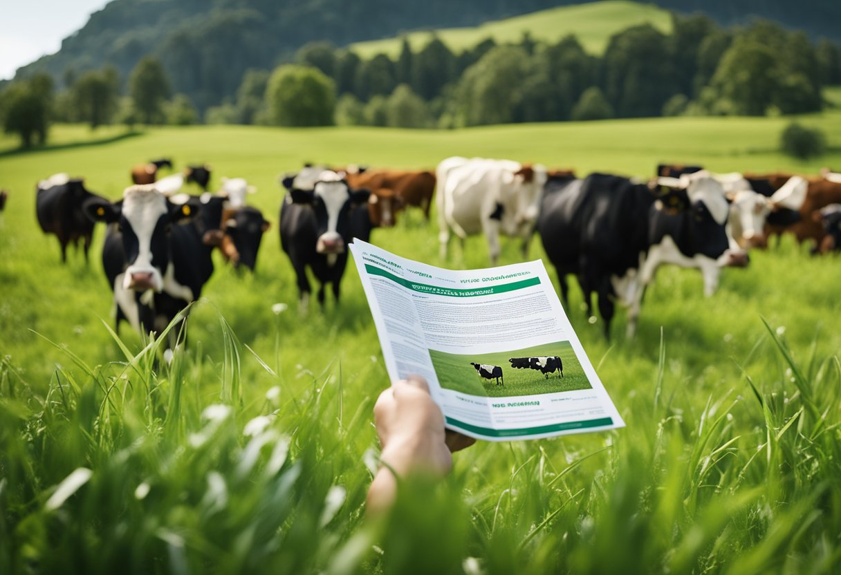 A herd of cattle grazing in a green pasture, with a farmer in the background reading a pamphlet titled "Frequently Asked Questions Brucellosis"