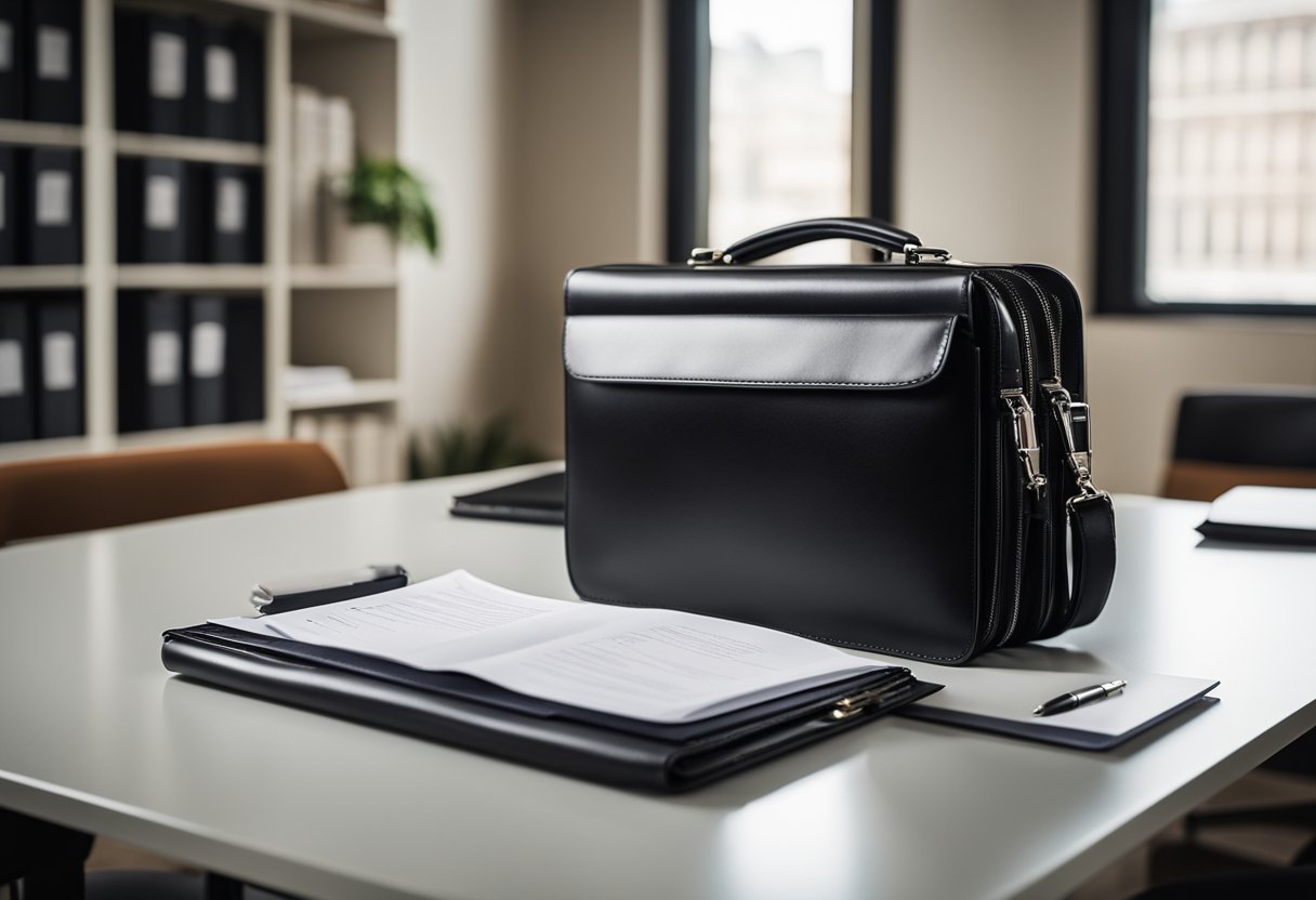A sleek black briefcase sits on a polished desk, filled with neatly organized documents and a pen. It exudes professionalism and readiness for interviews and meetings