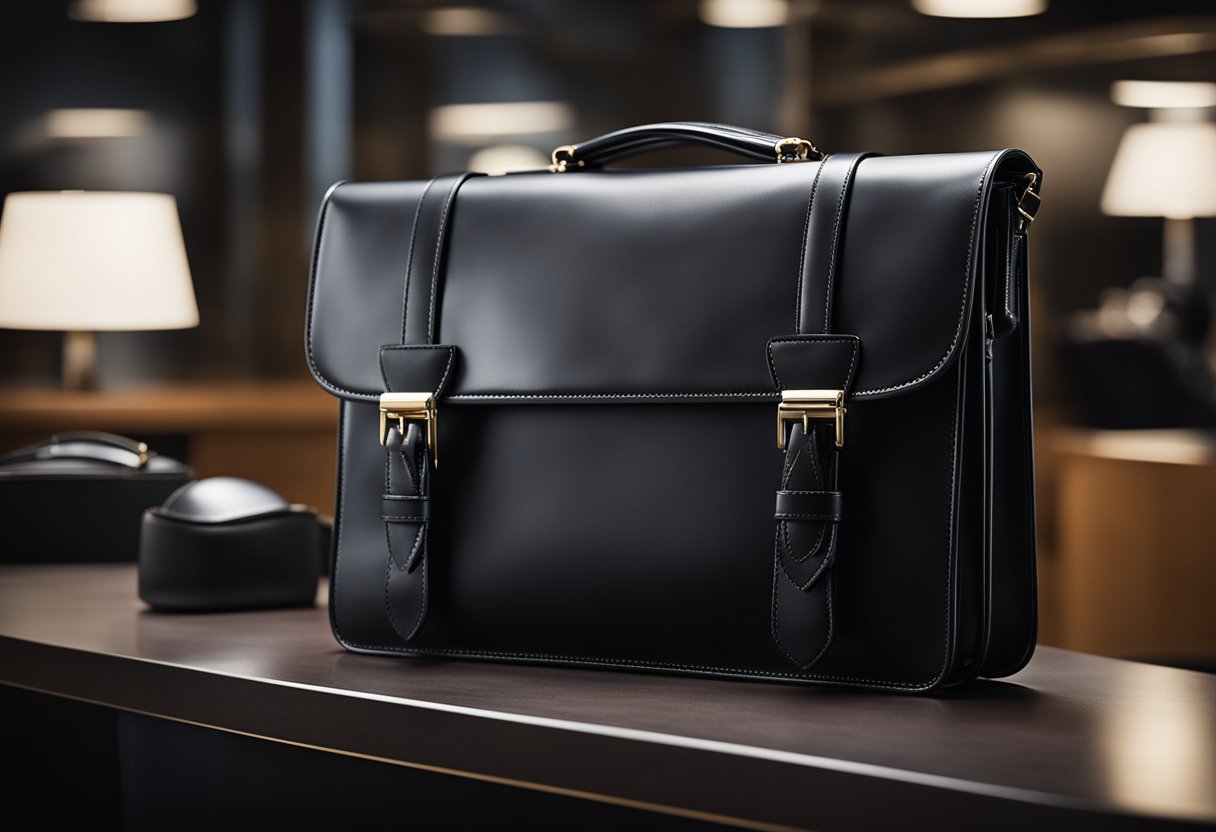 A sleek, black leather briefcase sits on a polished desk, ready for interviews and meetings. It exudes professionalism with its clean lines and sturdy handle