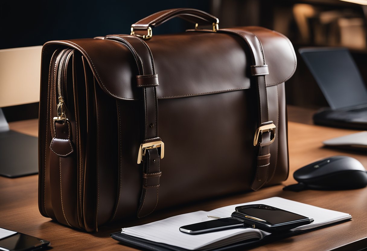 A sleek, leather briefcase sits on a polished desk, with compartments for documents, pens, and a laptop. A professional and organized appearance
