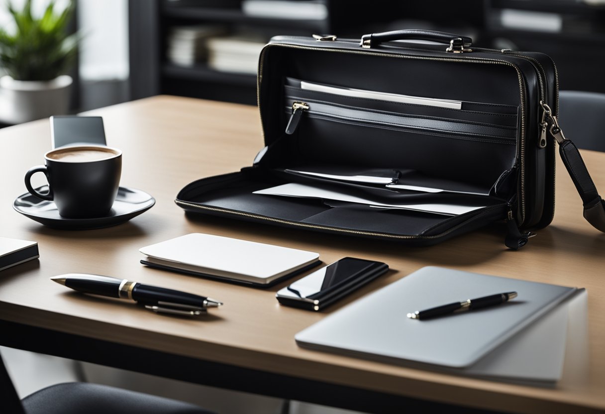 A sleek, black briefcase sits open on a polished desk, revealing neatly organized compartments for documents, pens, and a laptop