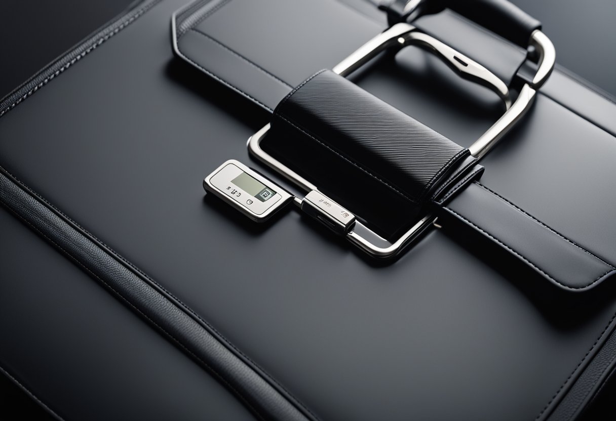 A sleek black briefcase with fingerprint scanner and reinforced lock, perfect for interviews and meetings