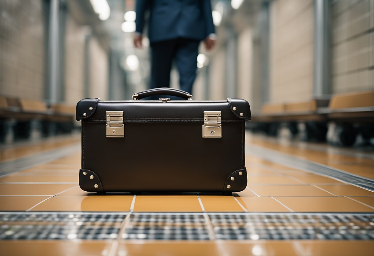 A rolling briefcase with detachable wheels sits on a tiled floor