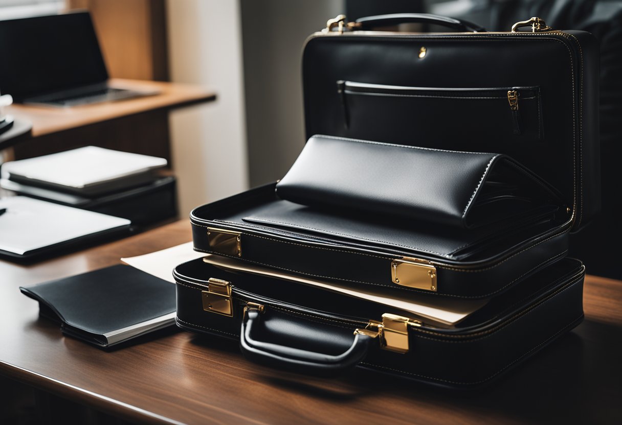 A professional briefcase sits open on a desk, filled with neatly organized documents, a sleek laptop, and a pen. The leather is polished and the hardware shines, ready for interviews and meetings