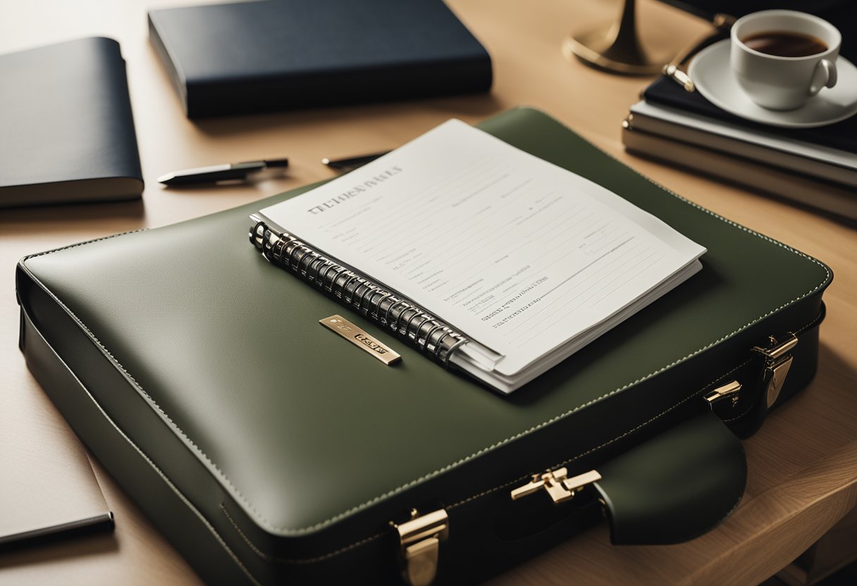 A sleek, modern briefcase with personalized initials, containing neatly arranged documents and a professional notebook, sits on a polished desk