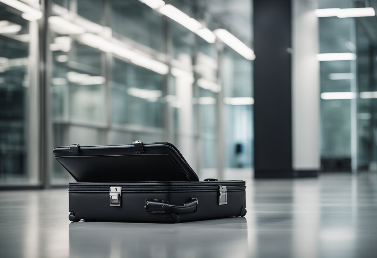 A rolling briefcase with removable wheels sits on a sleek, modern office floor. The briefcase is open, revealing organized compartments and pockets