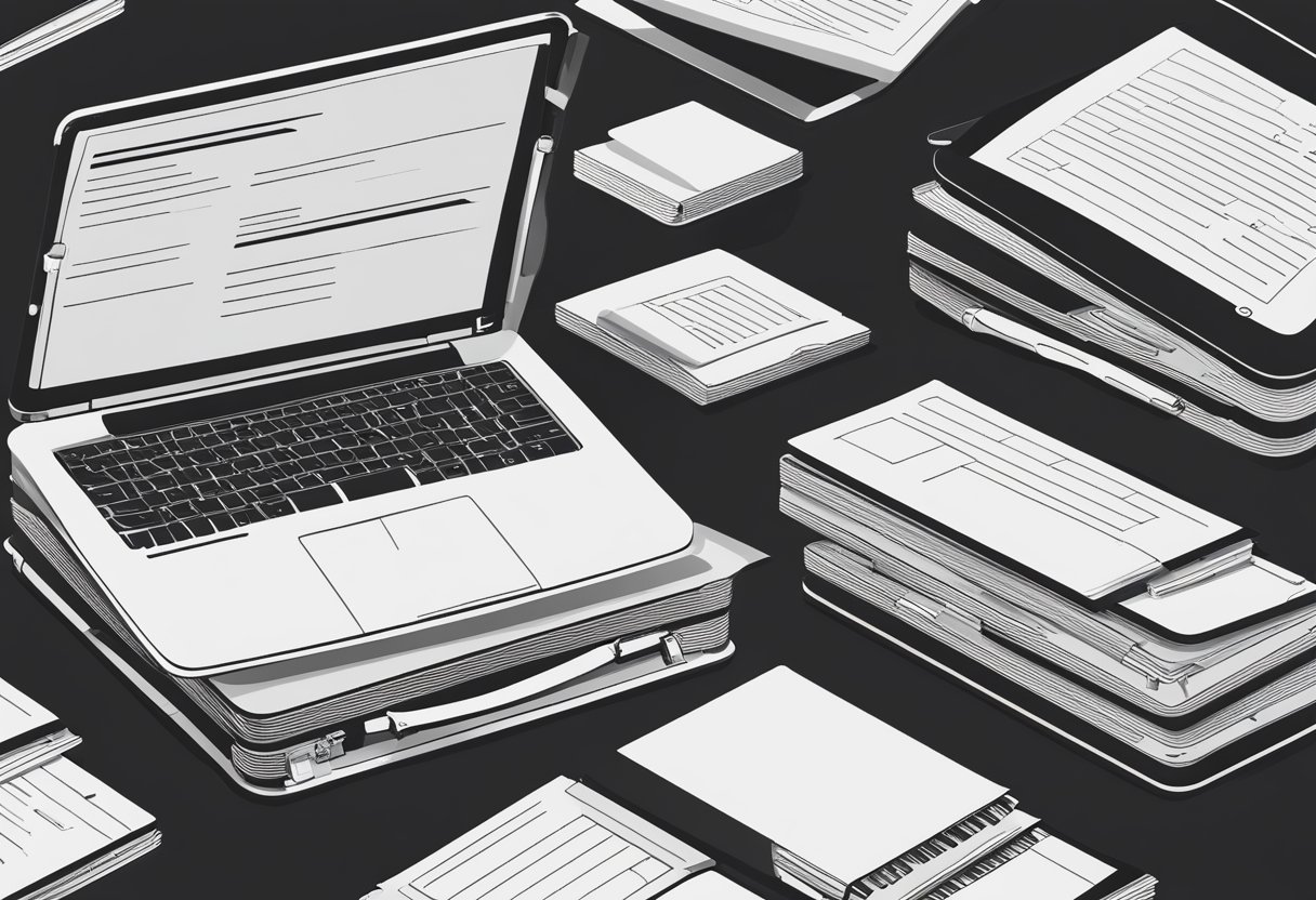 A sleek black briefcase sits open, revealing neatly organized compartments for documents and a laptop. A notepad and pen rest on top, ready for note-taking