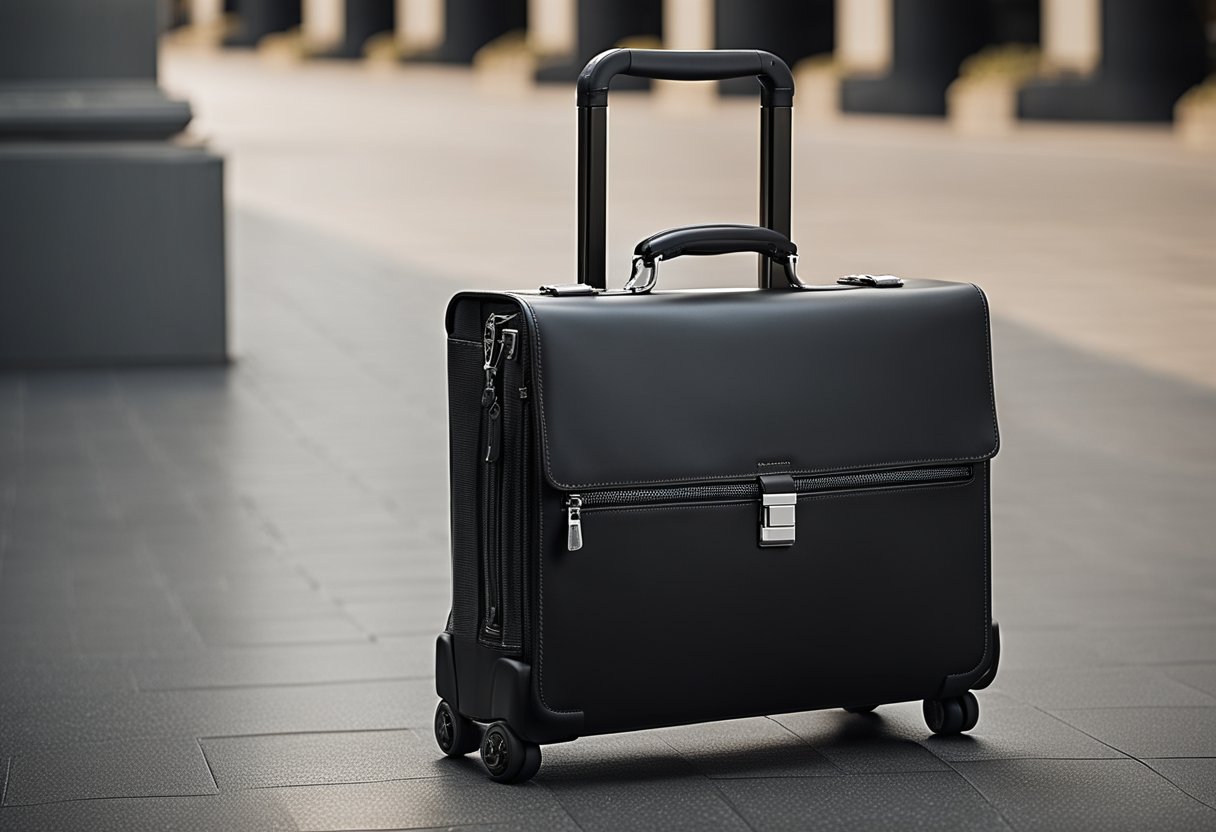 A rolling briefcase with removable wheels is shown, highlighting its security features