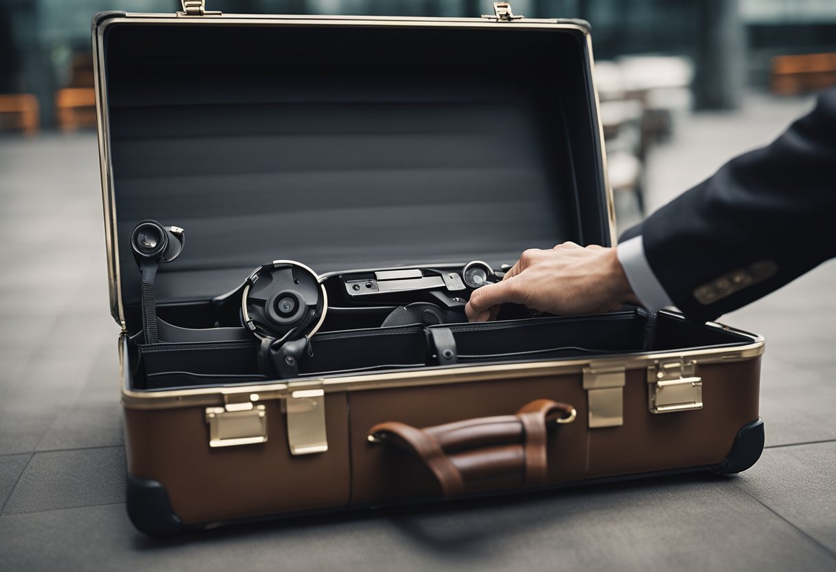 A hand reaching for the handle of a rolling briefcase, detaching the wheels for maintenance