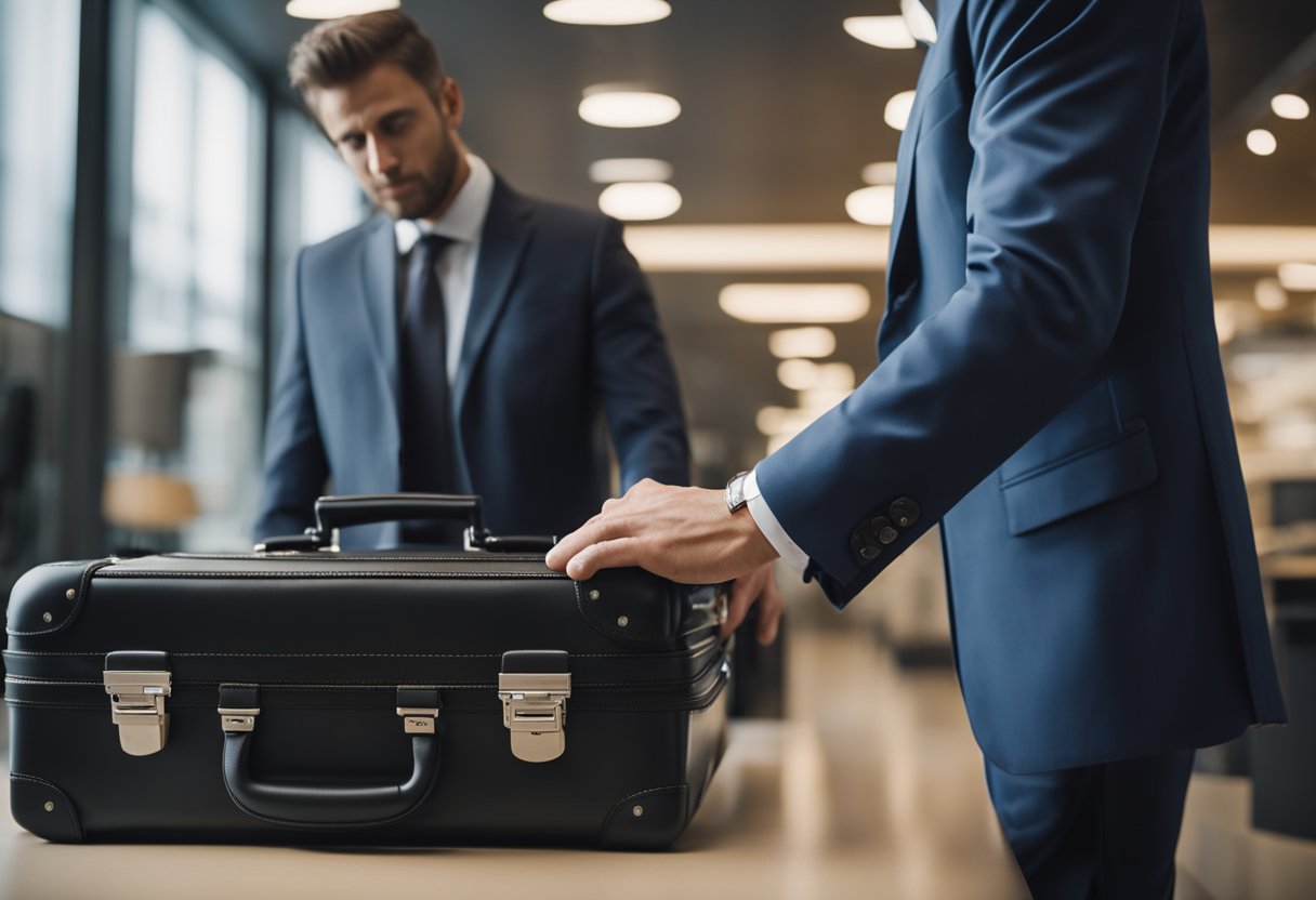 A rolling briefcase with detachable wheels is being inspected by a warranty and customer support representative