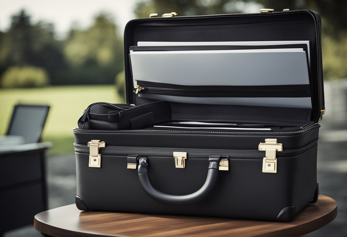 A rolling briefcase with removable wheels sits open, revealing compartments and pockets