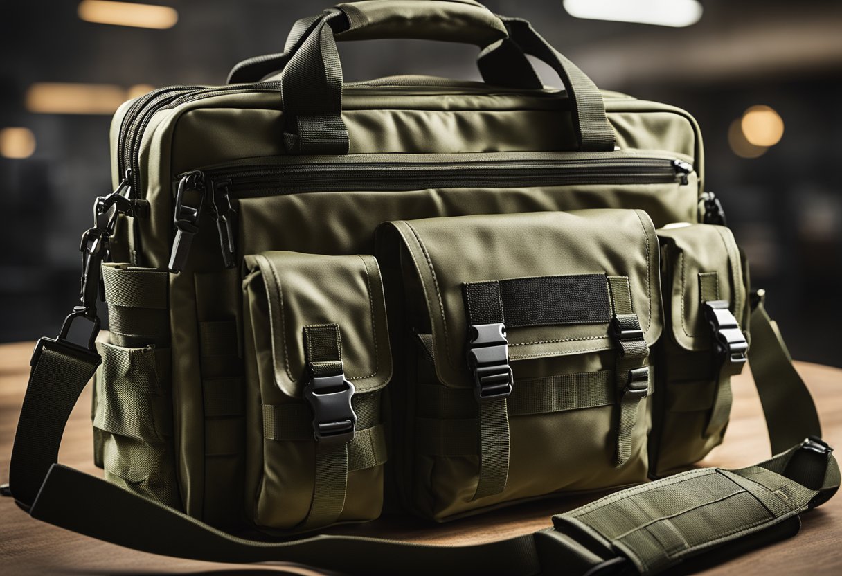 A tactical briefcase sits open, revealing a concealed carry pocket. MOLLE webbing lines the exterior, and a sturdy handle and adjustable shoulder strap are visible