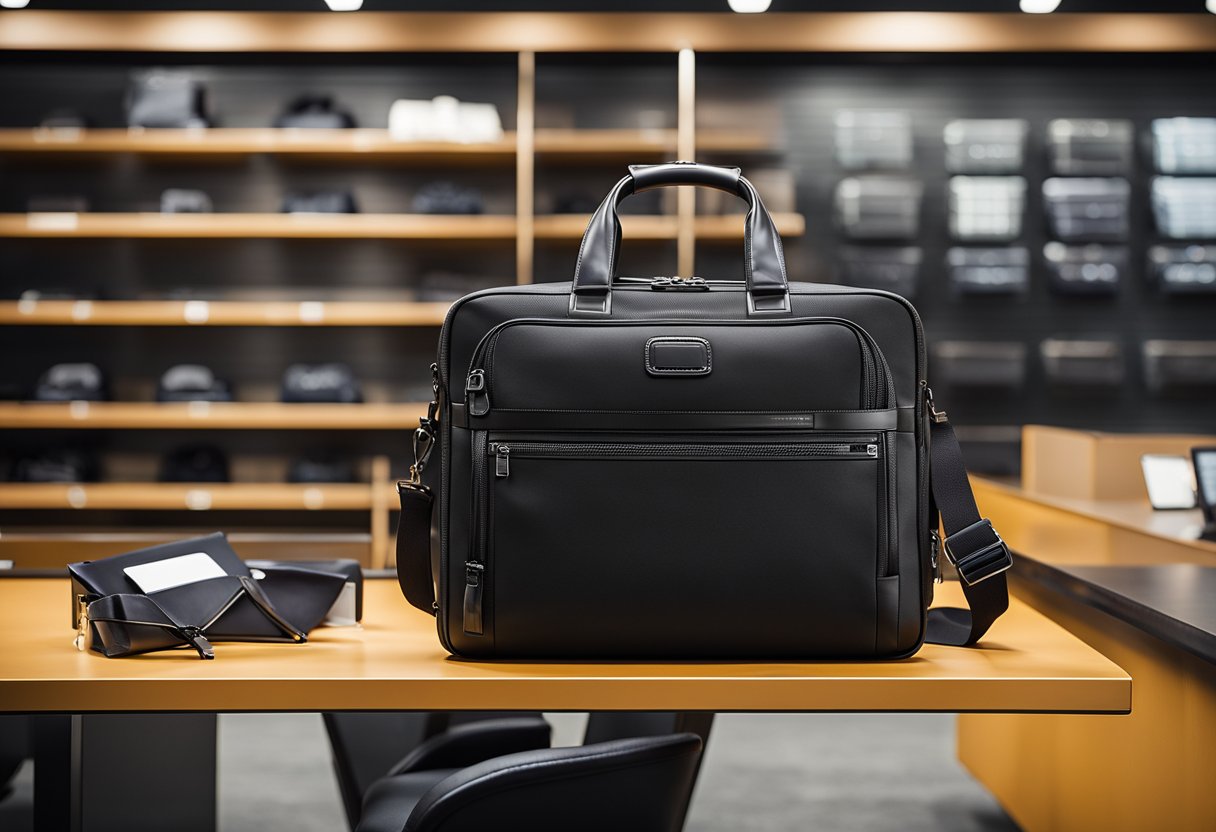 The Tumi Alpha briefcase is displayed with sale signs and discounts