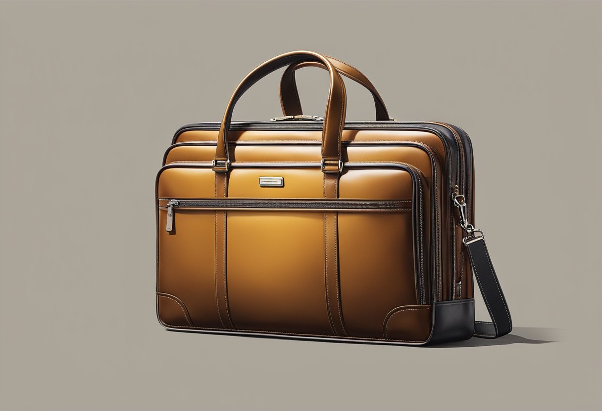 A sleek leather briefcase sits on a polished desk, open to reveal multiple compartments and a padded laptop sleeve. The Samsonite logo is embossed on the front, exuding a sense of timeless elegance
