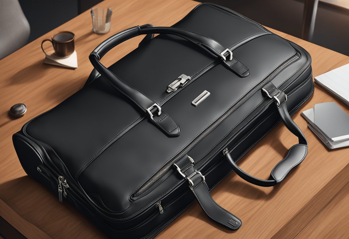 A sleek, black leather briefcase with silver hardware sits on a polished wooden desk, the Samsonite logo subtly embossed on the front