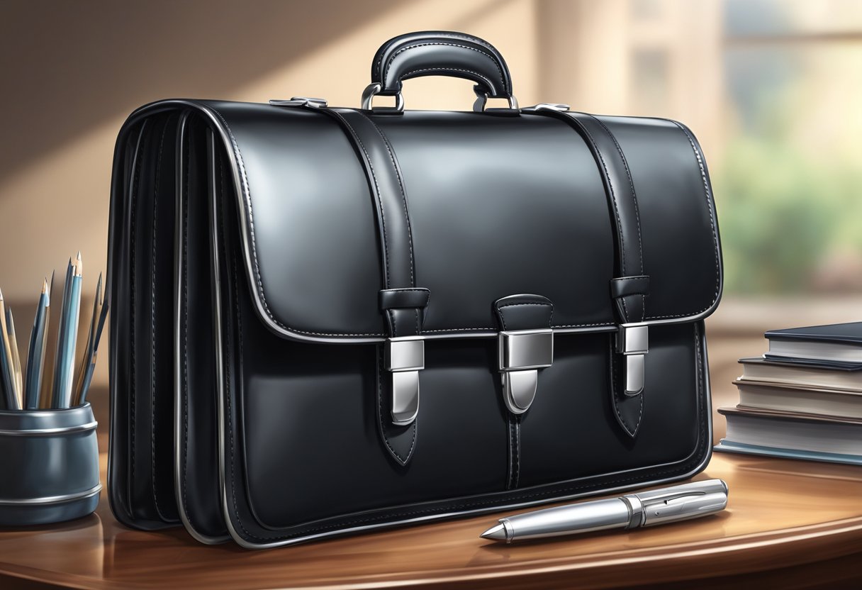 A sleek, black leather briefcase sits on a polished wooden desk, its silver hardware gleaming in the soft light. The classic design exudes professionalism and sophistication, making it a versatile accessory for any business setting