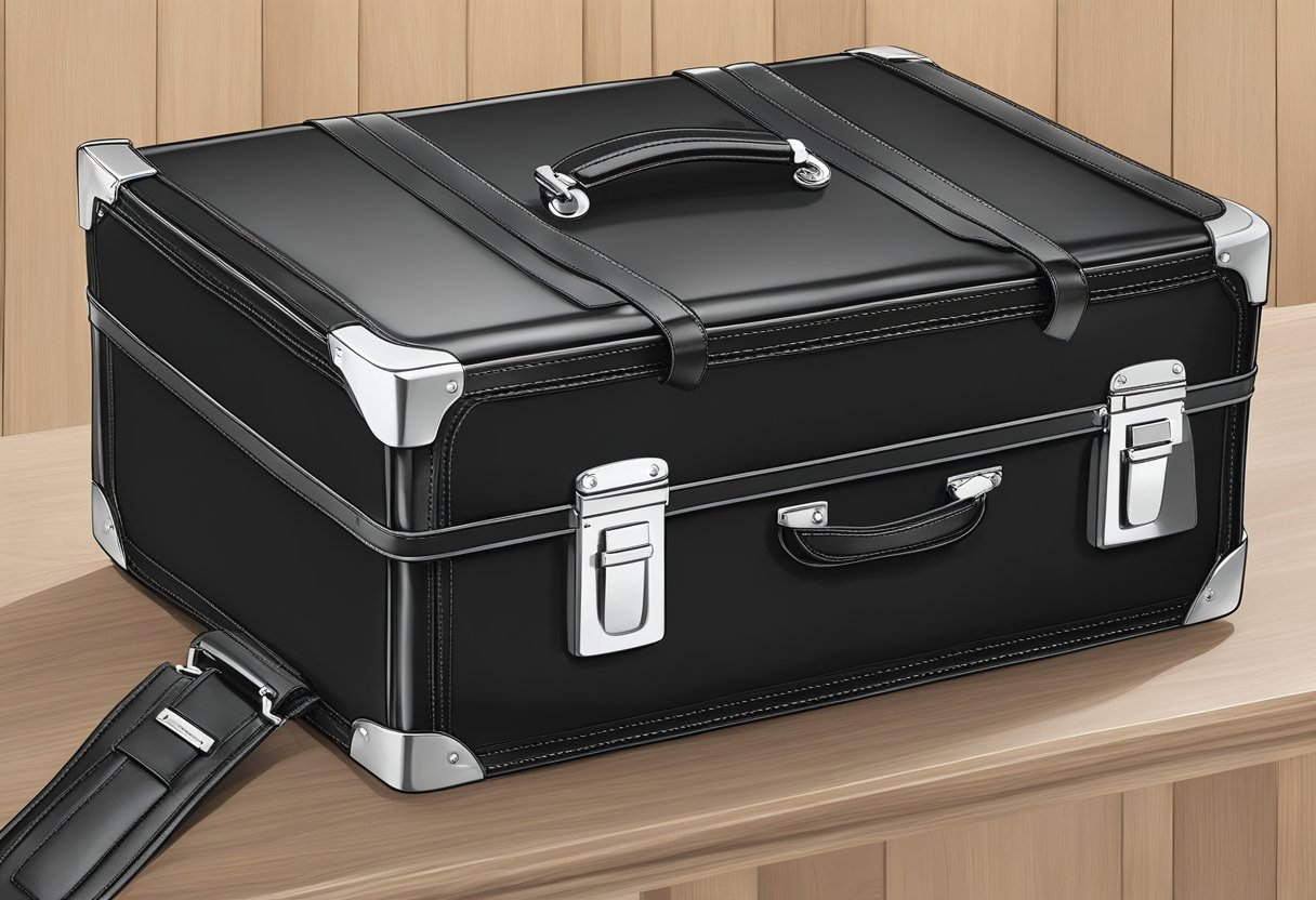 A sleek, black leather briefcase stands on a polished wooden desk, adorned with the iconic Samsonite logo. The briefcase exudes professionalism and sophistication, showcasing the brand's timeless reputation