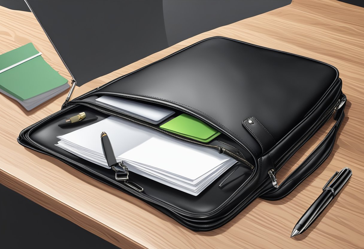 A sleek, black leather briefcase sits on a polished wooden desk. A laptop and documents are neatly organized inside, while a pen and notepad rest in the front pocket