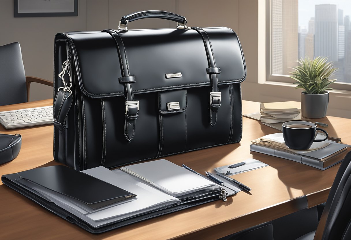 A sleek, black leather briefcase sits on a polished desk, its silver hardware catching the light. The embossed Samsonite logo adds a touch of sophistication