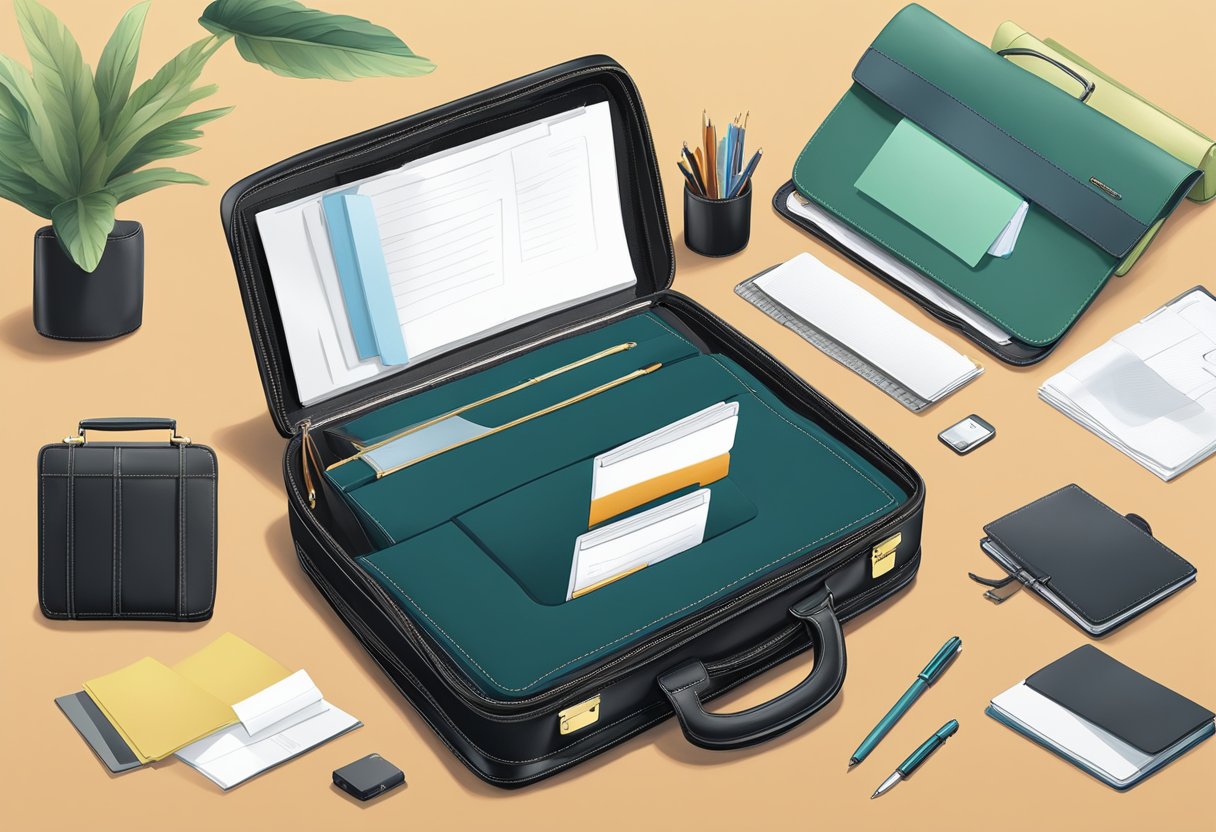 The Samsonite classic leather briefcase sits on a clean, modern desk. A laptop and papers are neatly arranged inside, with the briefcase's sleek design and high-quality leather material on display