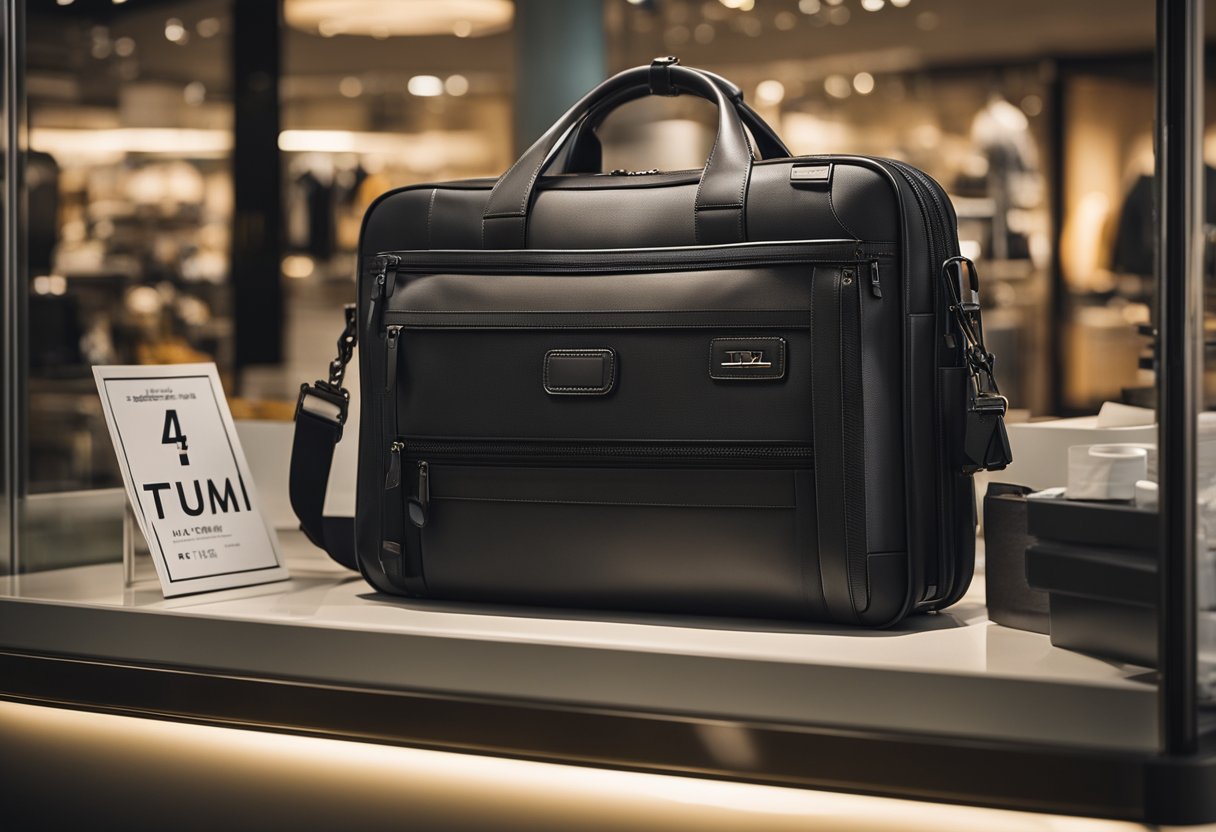 A Tumi Alpha briefcase displayed with sale signs and discount stickers in a well-lit store window