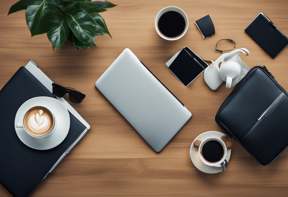 A table with a laptop, coffee, and a Tumi Alpha briefcase. A "Sale" sign and discount tags are displayed nearby