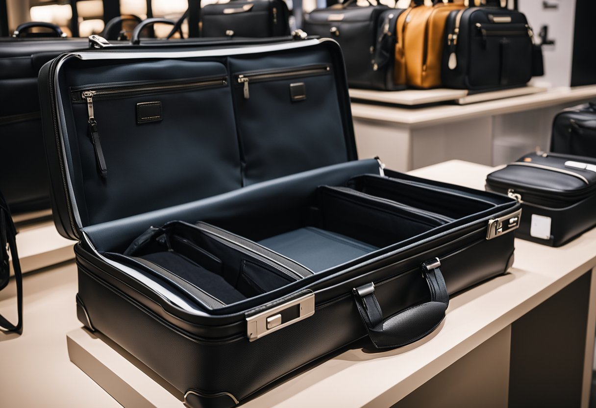 A Tumi Alpha briefcase displayed with sale signs and discounted prices