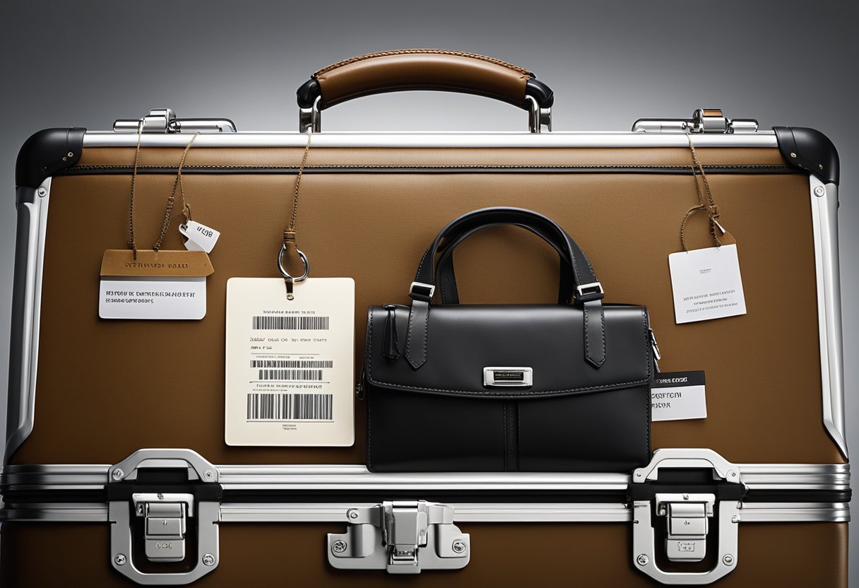 A Tumi Alpha briefcase with a "Warranty and After-Sales Service" sign displayed, surrounded by sale and discount tags