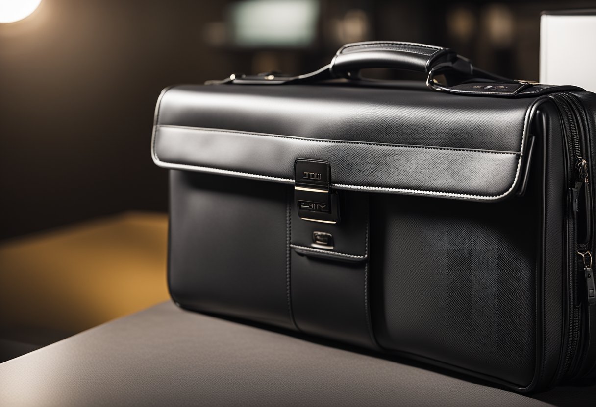 A sleek Tumi Alpha briefcase with sale tags and discount stickers displayed prominently