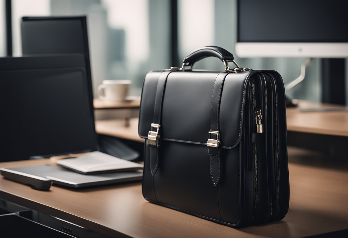 A sleek black briefcase with multiple compartments and a secure locking mechanism, priced under $100, sits on a modern office desk