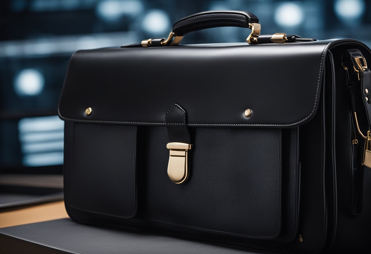 A sleek, black briefcase with multiple compartments and sturdy handles, priced under $100, against a professional backdrop