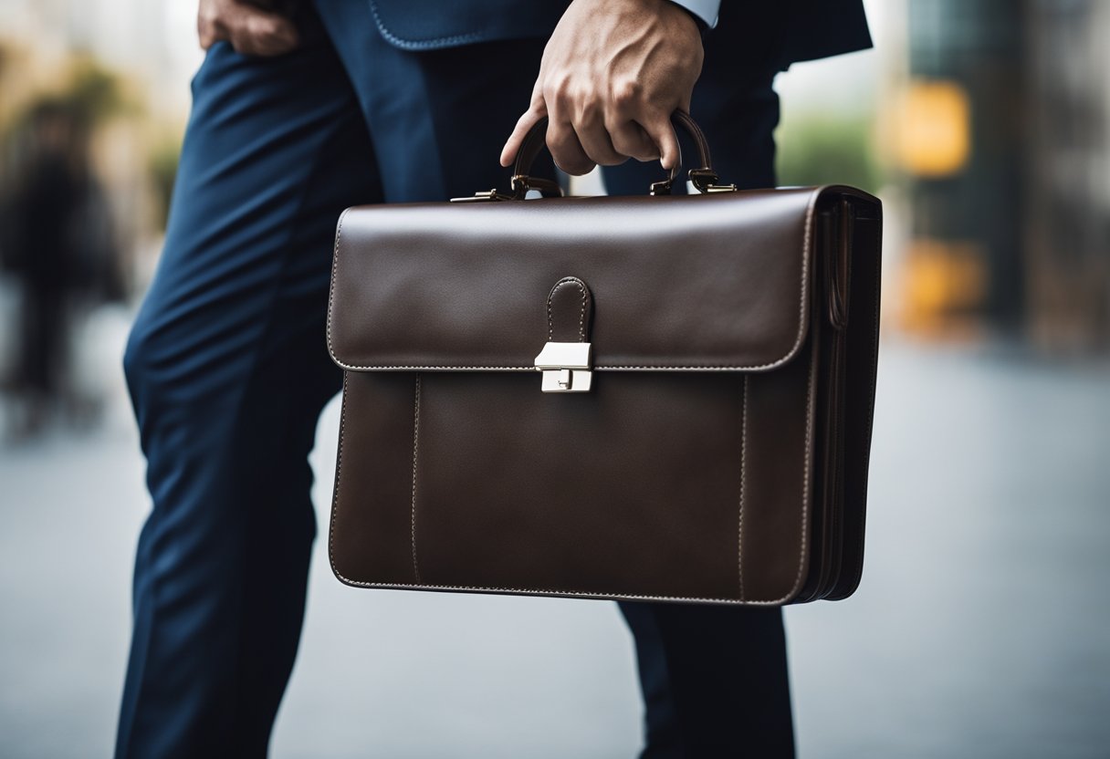A sturdy briefcase with smooth, textured material and reinforced stitching, showcasing durability and quality. Priced under $100, it exudes affordability and practicality