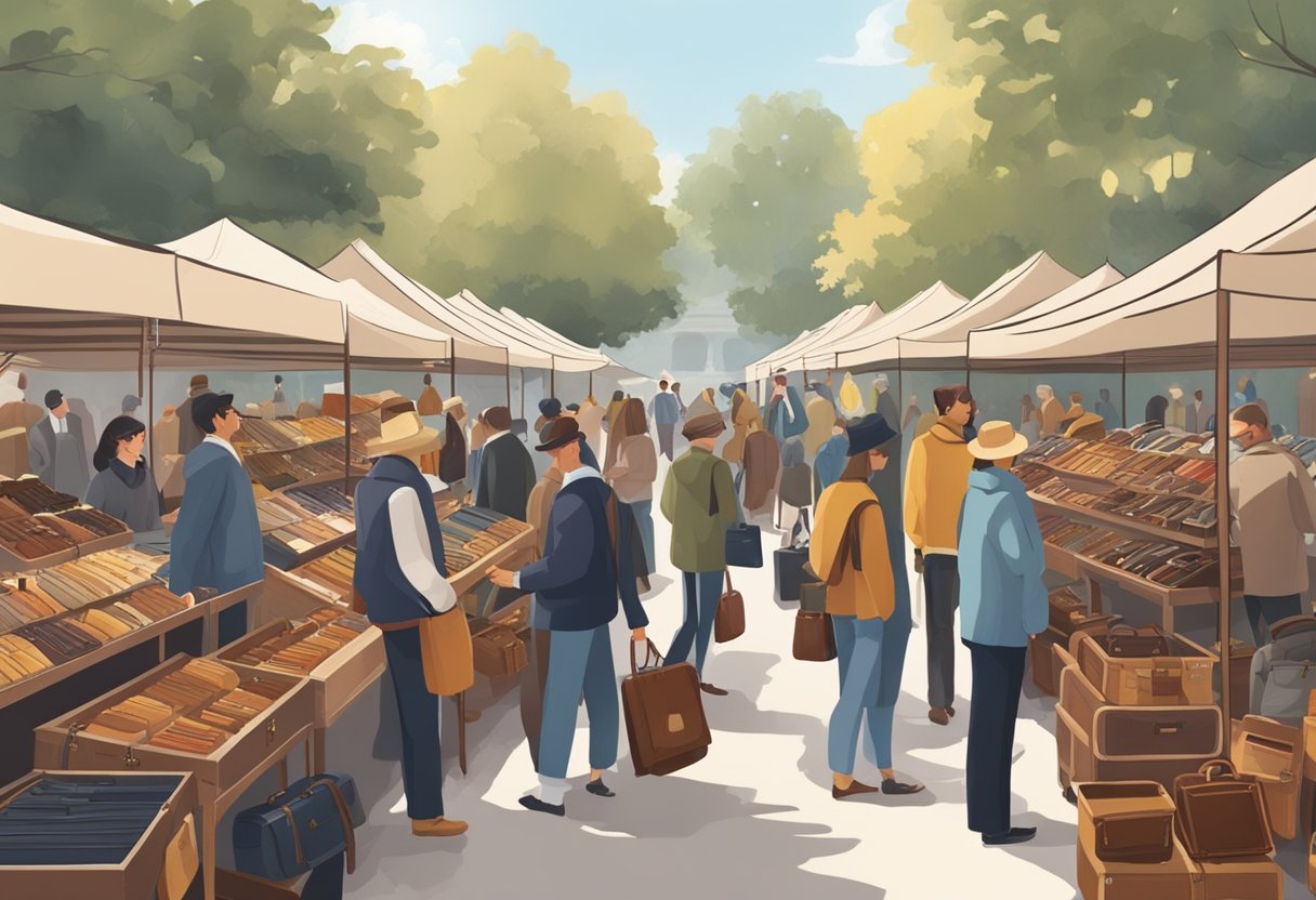 A bustling outdoor market with rows of vintage briefcases on display. Customers browse through the selection, inspecting the quality of the leather and hardware